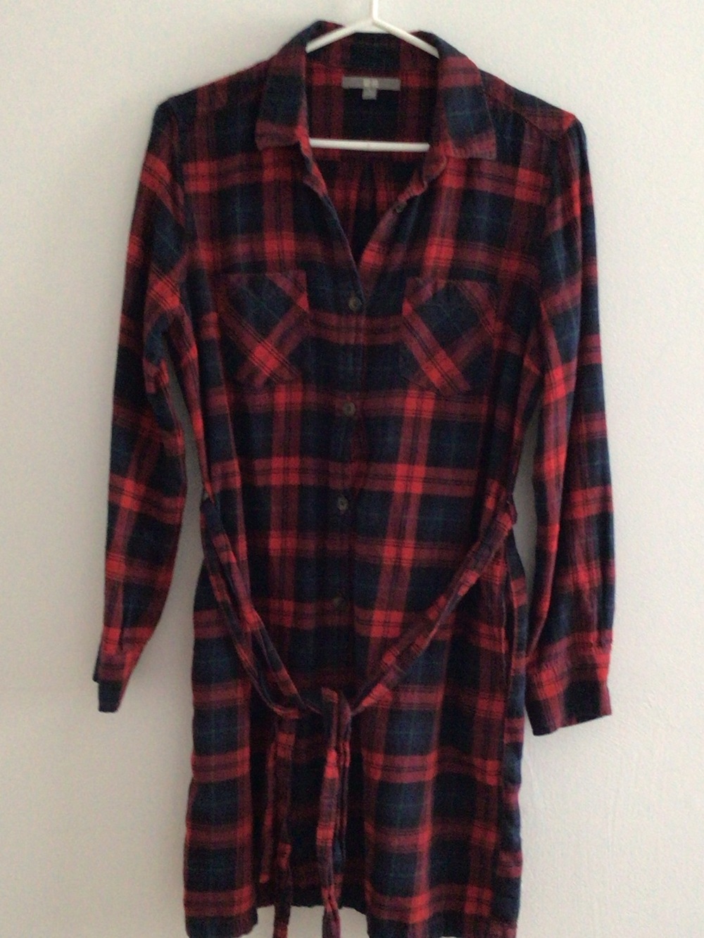 Uniqlo Red and Navy Plaid Long Sleeve Shirt Dress